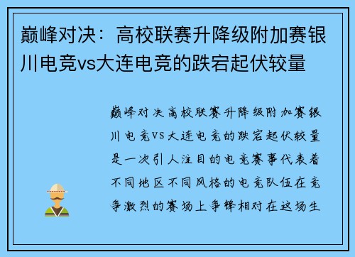 巅峰对决：高校联赛升降级附加赛银川电竞vs大连电竞的跌宕起伏较量